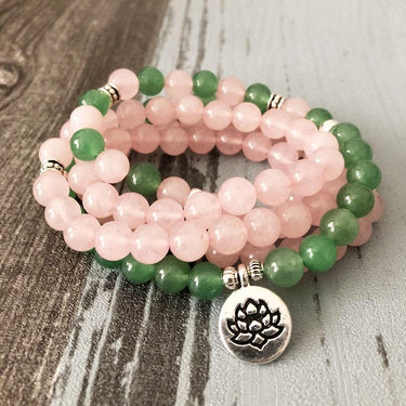 Rose Quartz Green Aventurine Mala 108 Beads Bracelet - Lotus / Buddha / Om-Your Soul Place